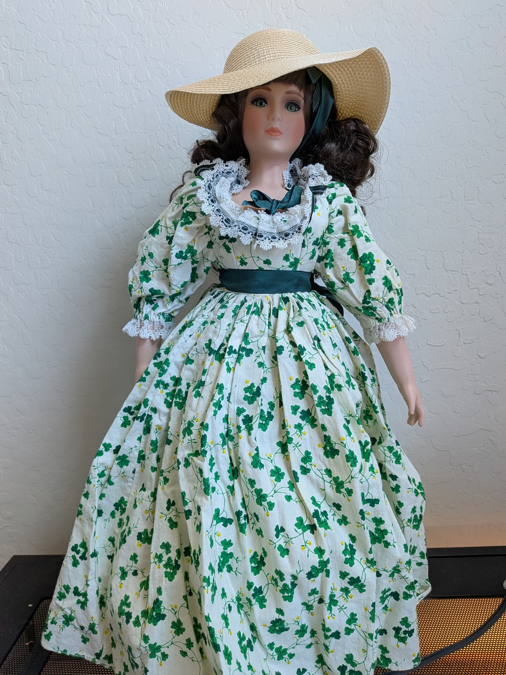 Vintage Porcelain Doll 20” Green Floral Dress Hat Curly Brunette Hair Glass Eyes